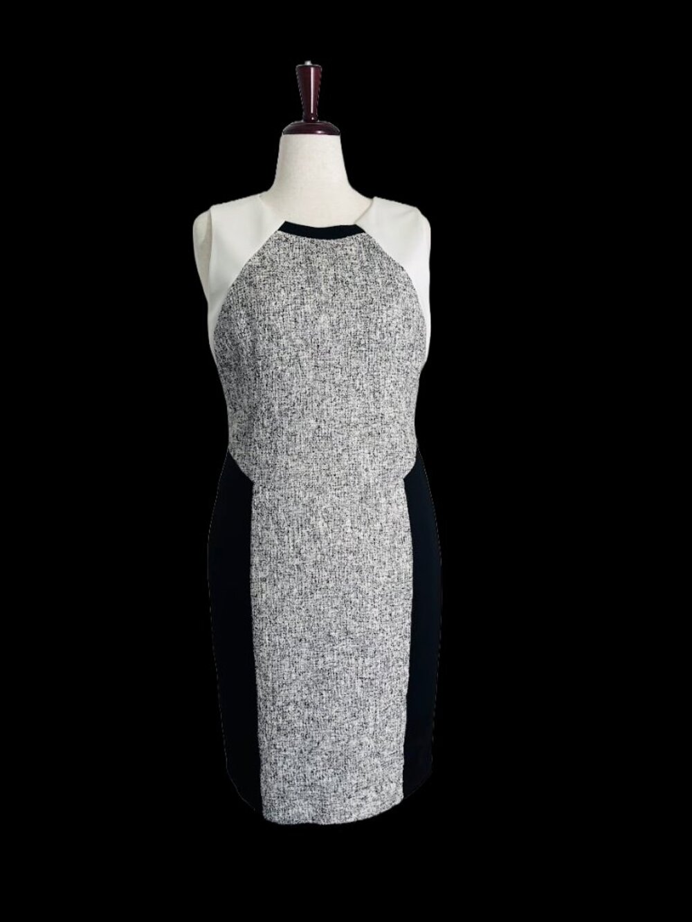 Tahari tweed dress with contrasting solid side and shoulder panels - Size 12